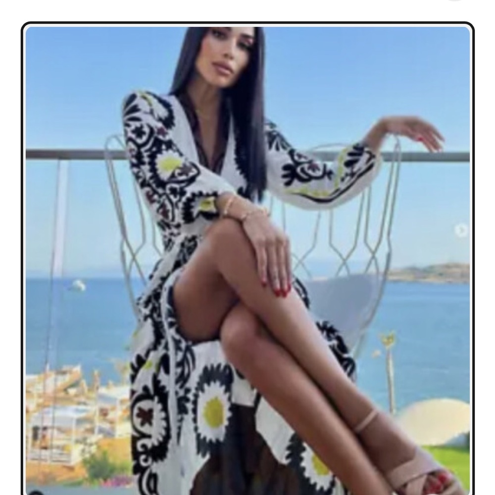 Zara printed wrap maxi gown long sleeve ecru dress - Picture 8 of 13